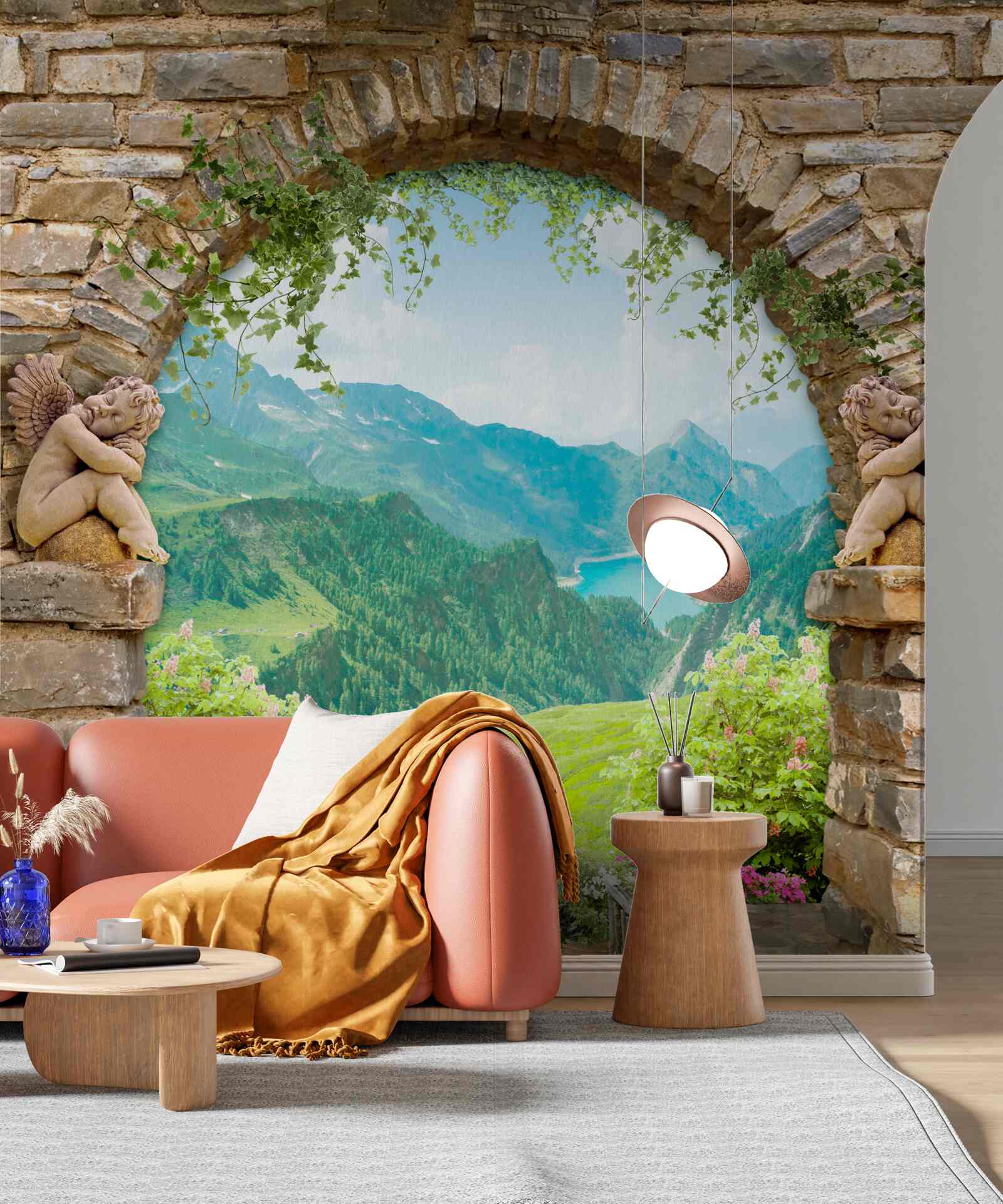 Papier peint Vieille arche de pierre avec image d'anges et panorama de montagnes
