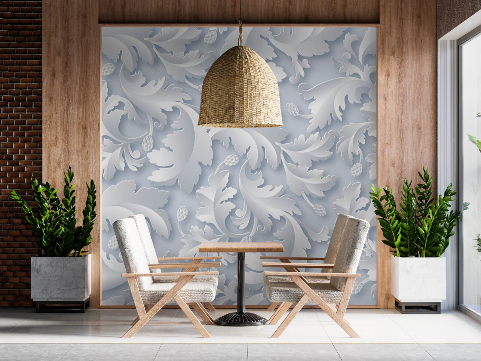 Papier peint abstrait avec des feuilles blanches et argentées