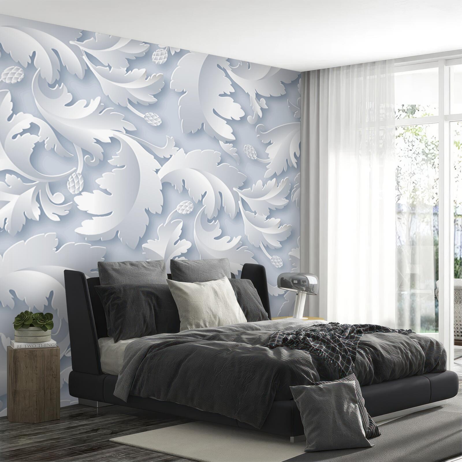 Papier peint abstrait avec des feuilles blanches et argentées