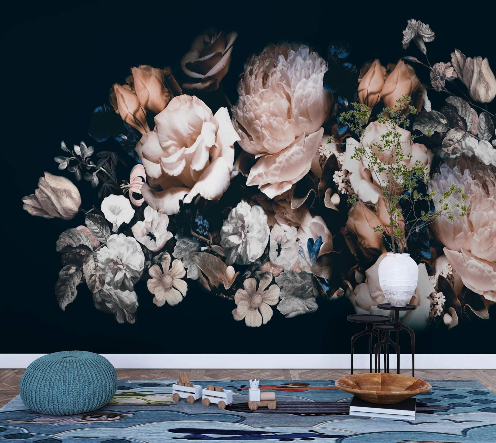 Papier peint Fleurs dans les tons de blanc et de rose dans la composition