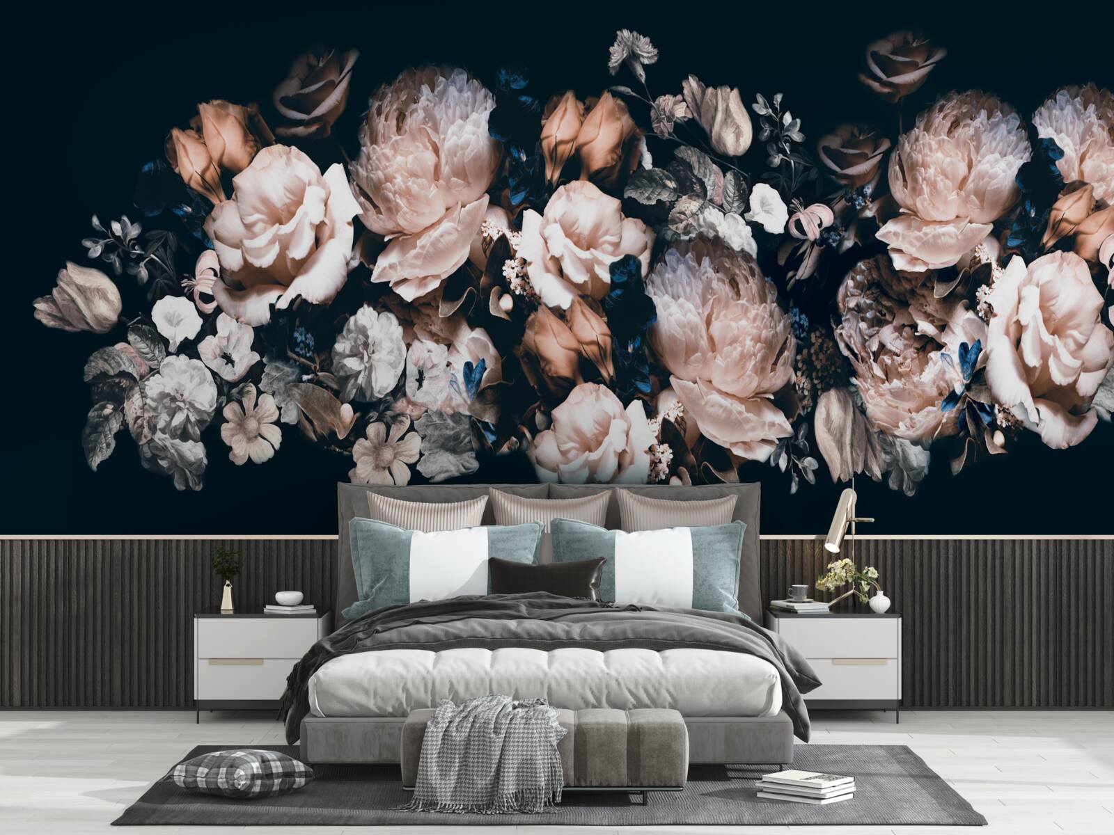 Papier peint Fleurs dans les tons de blanc et de rose dans la composition