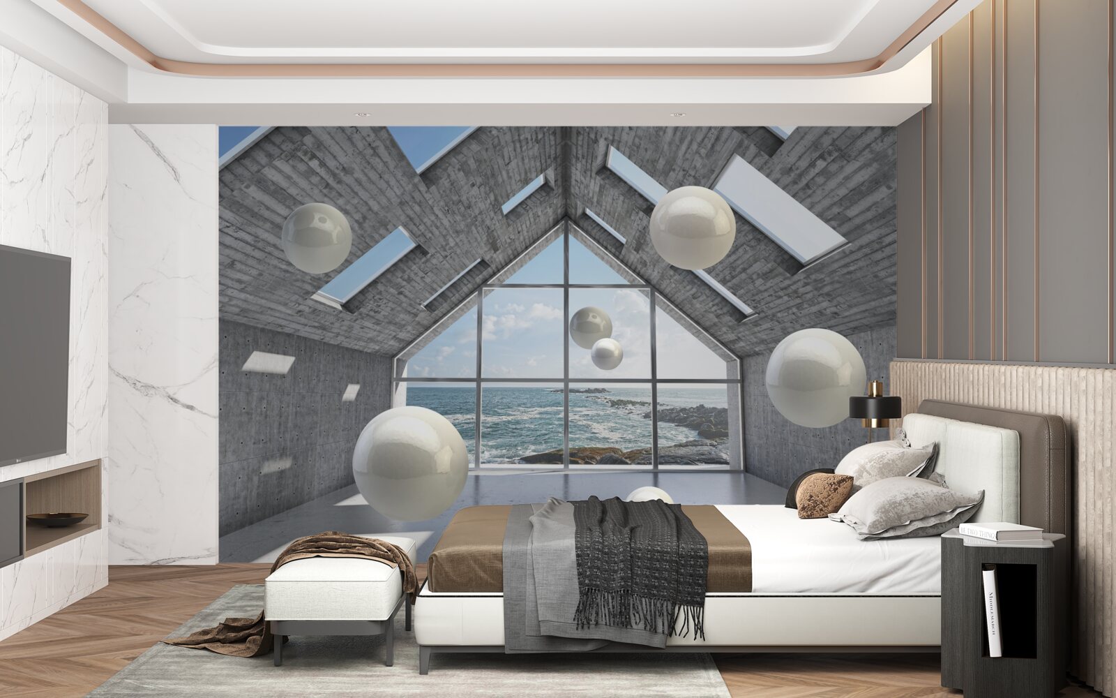 Papier peint perles sphériques flottantes à l'intérieur d'un bâtiment gris