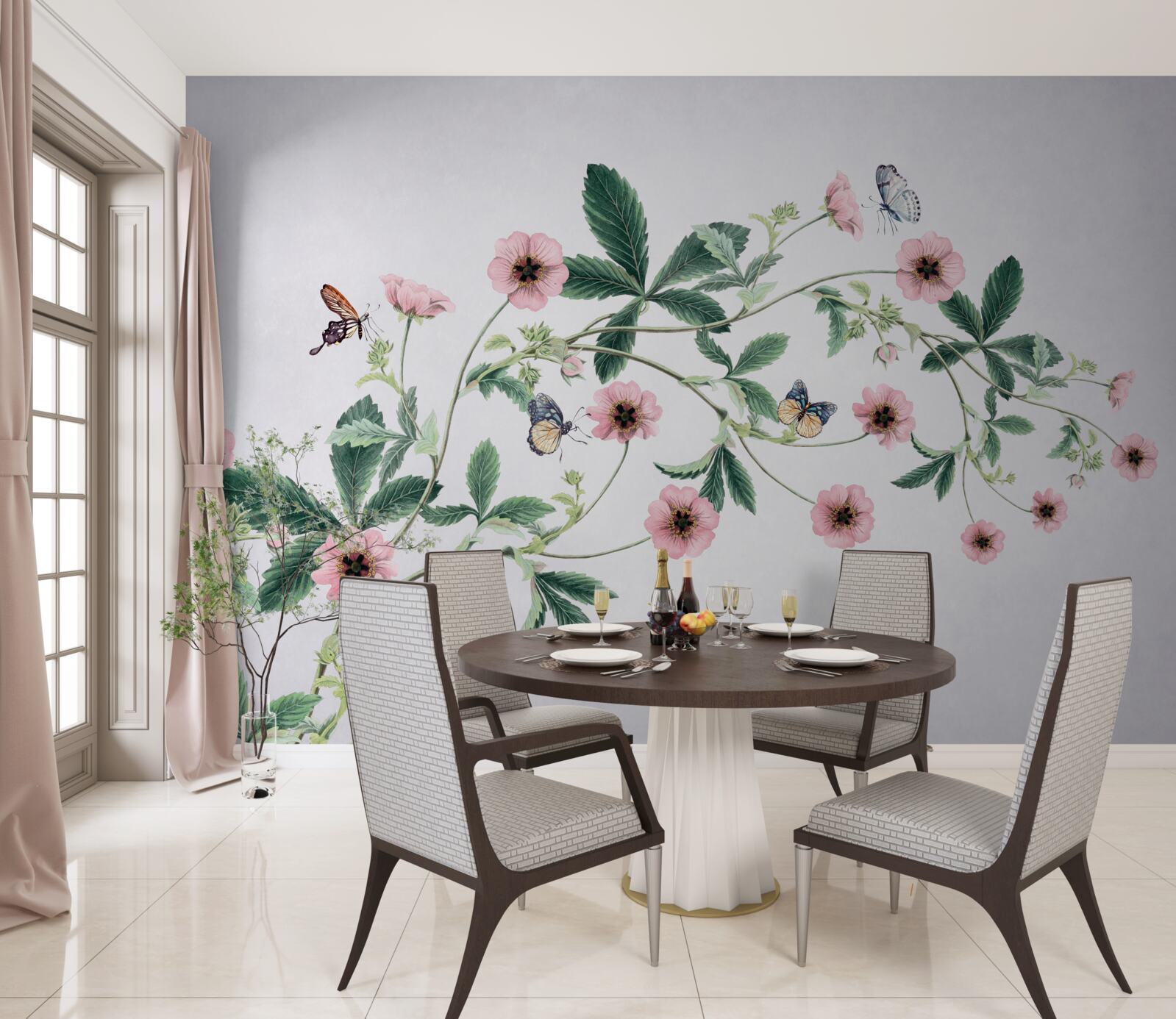 Papier peint bourgeons roses sur des branches sur fond gris