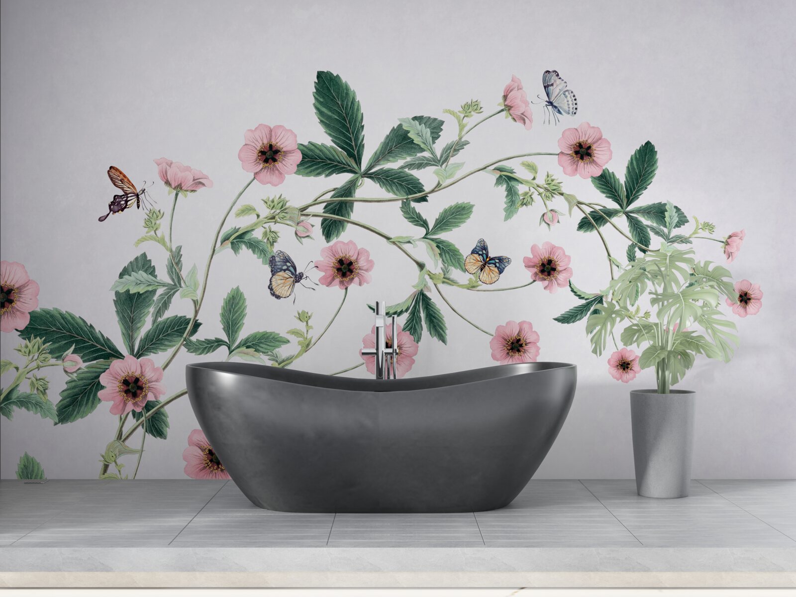 Papier peint bourgeons roses sur des branches sur fond gris