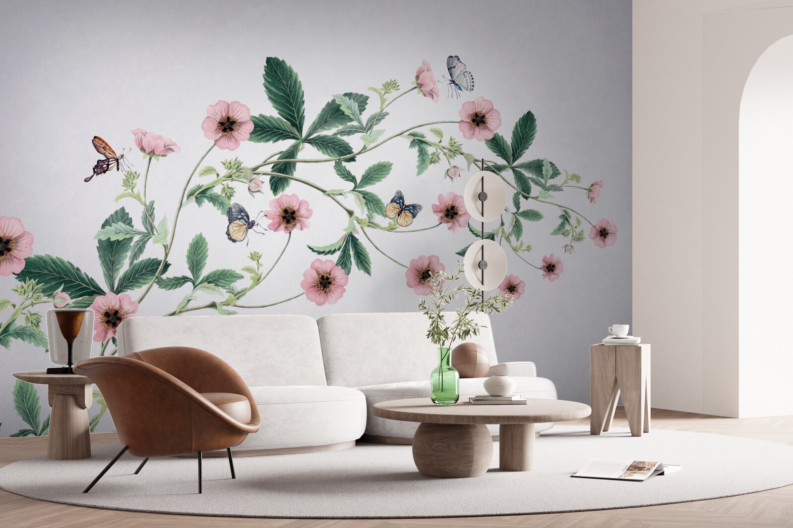 Papier peint bourgeons roses sur des branches sur fond gris