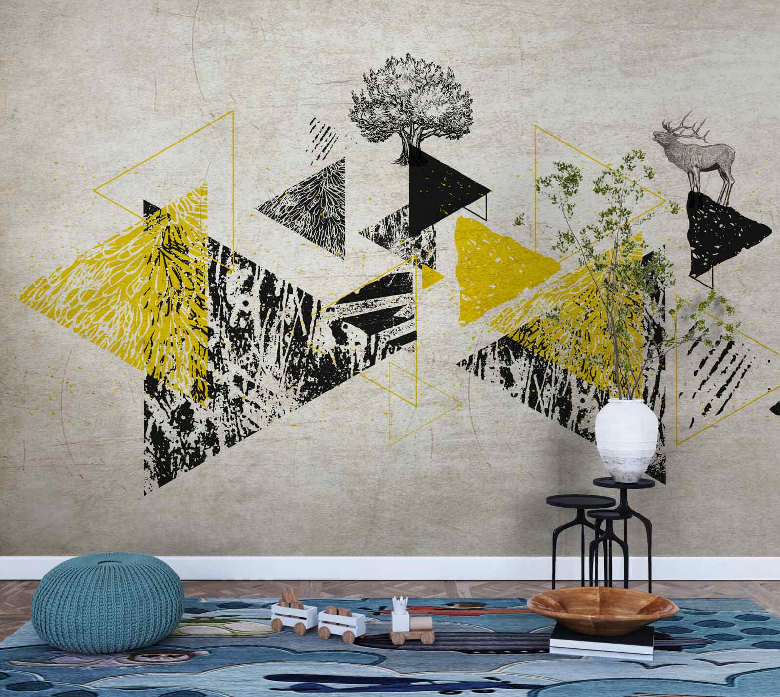 Papier peint triangles multidirectionnels avec or