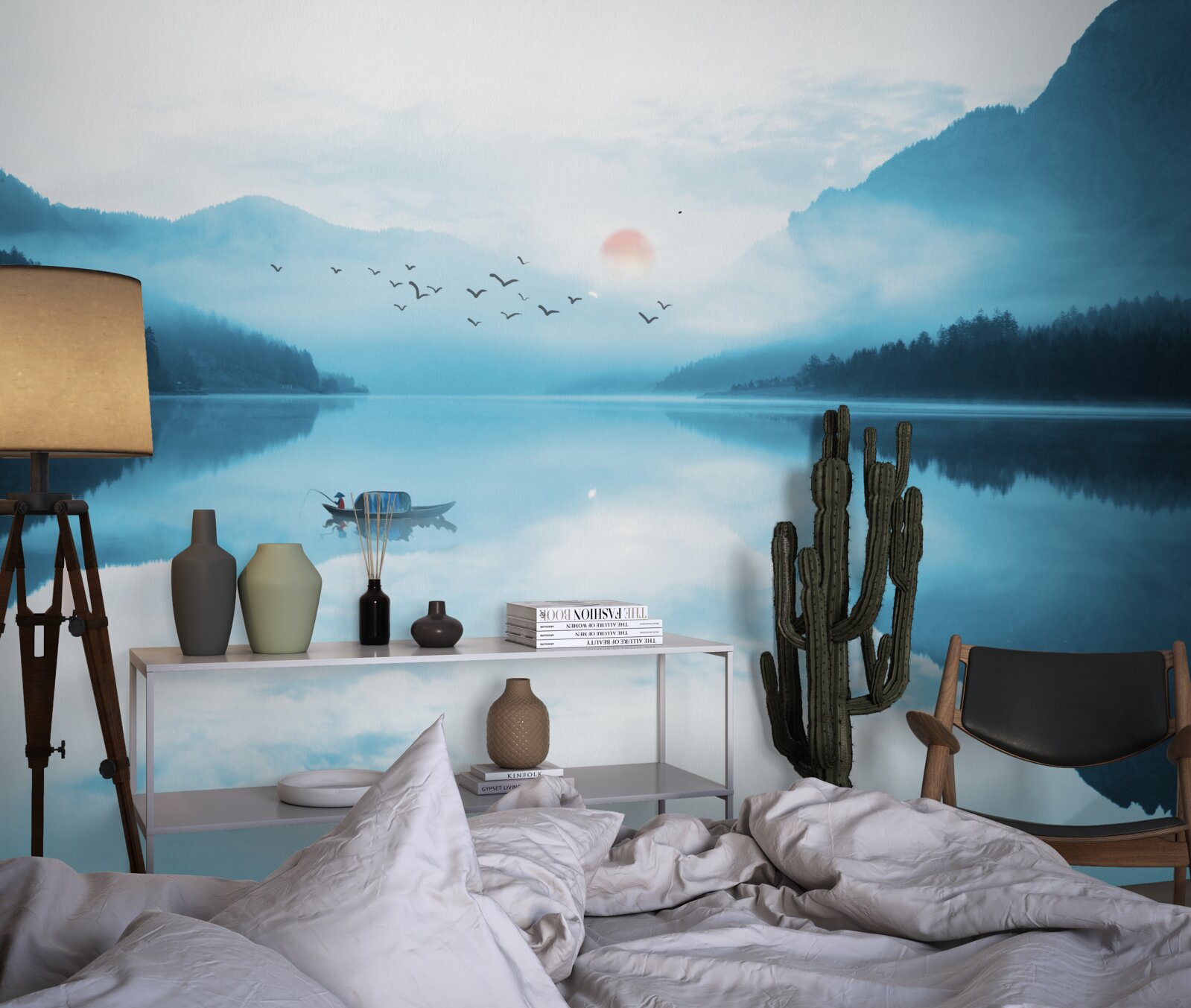 Papier peint Paysage japonais avec des montagnes près d'un étang au coucher du soleil