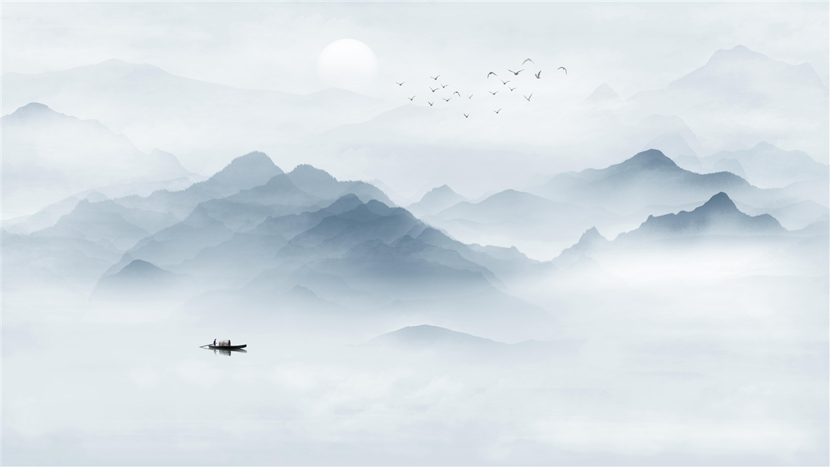 Papier peint un pêcheur solitaire sur un lac enveloppé de brume