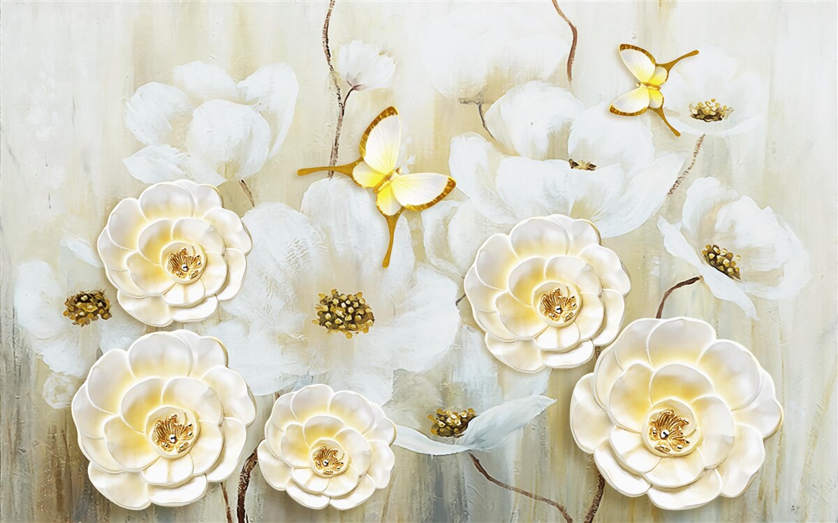 Papier peint Les bourgeons blancs comme neige s'épanouissent sur un fond de couleurs vives.