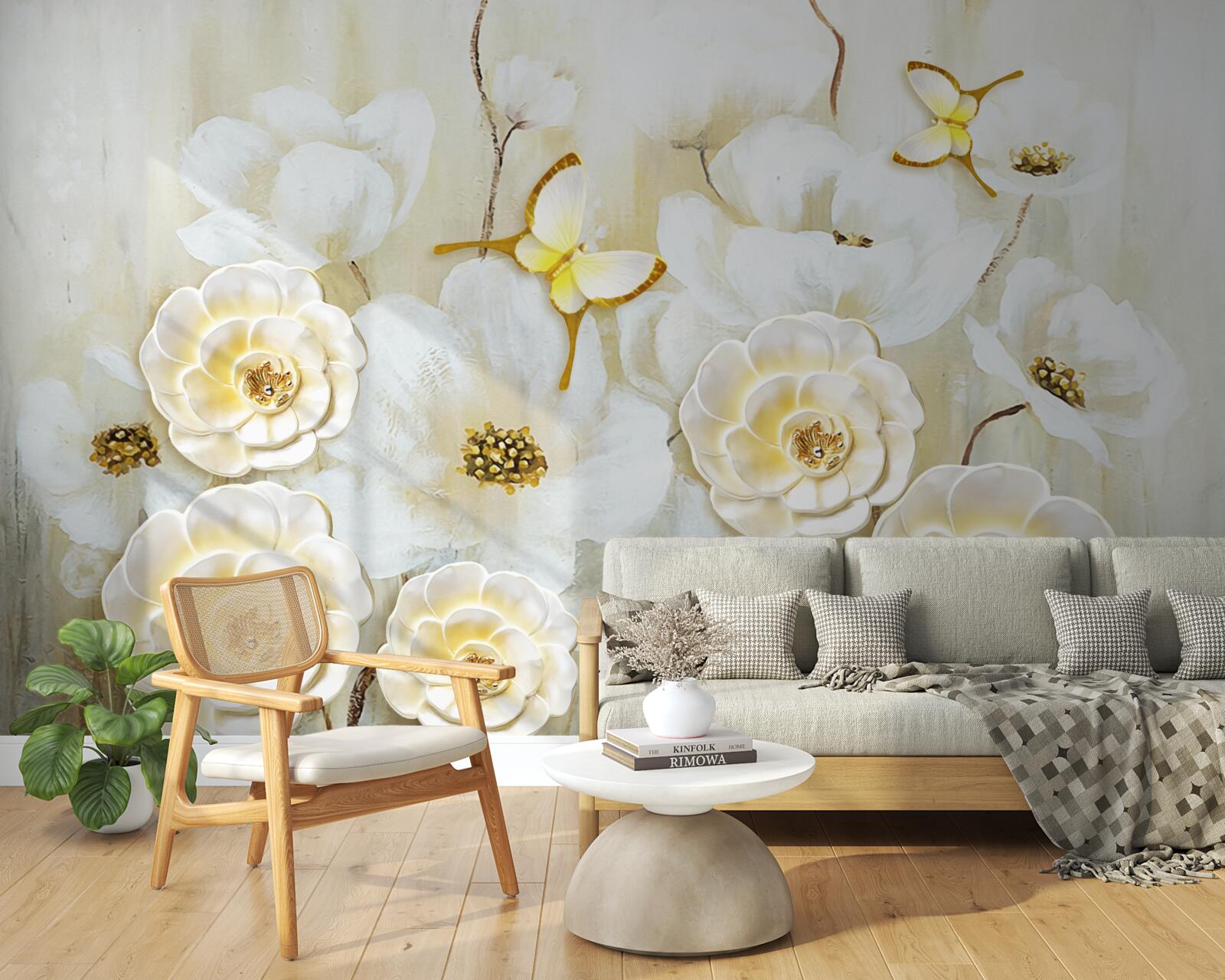 Papier peint Les bourgeons blancs comme neige s'épanouissent sur un fond de couleurs vives.