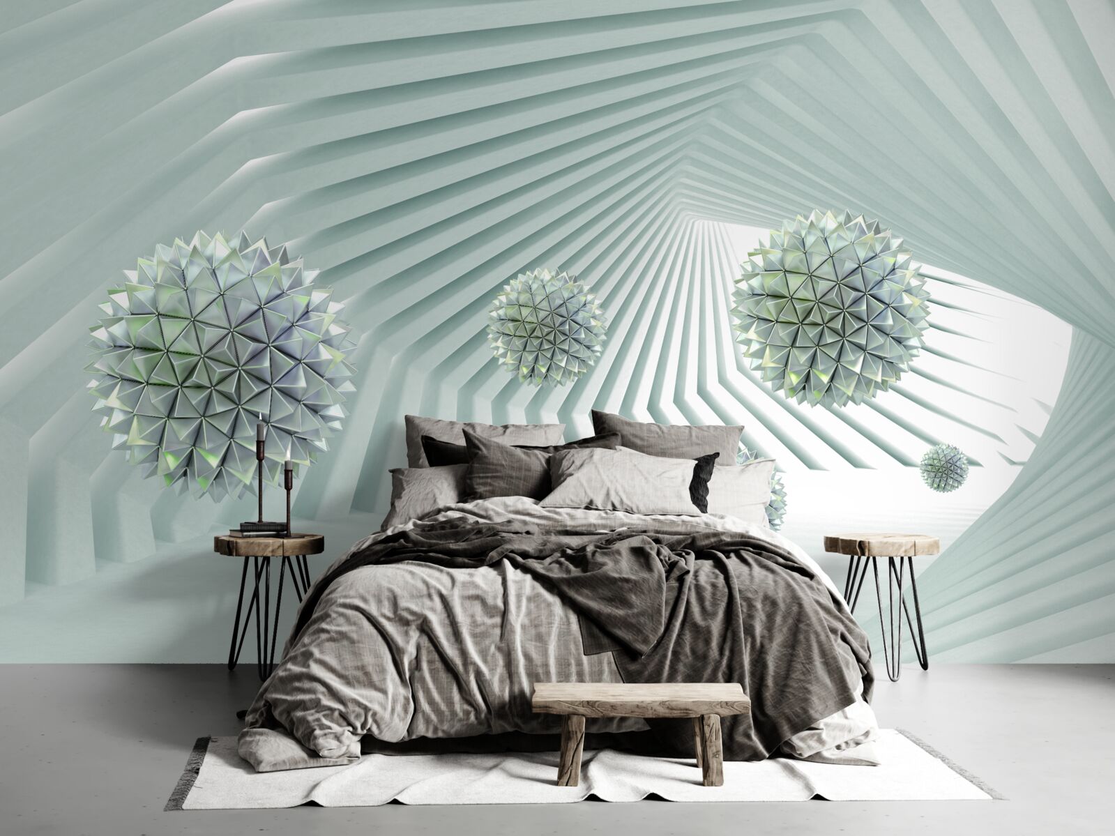 Papier peint Tunnel avec motif géométrique et boules volantes