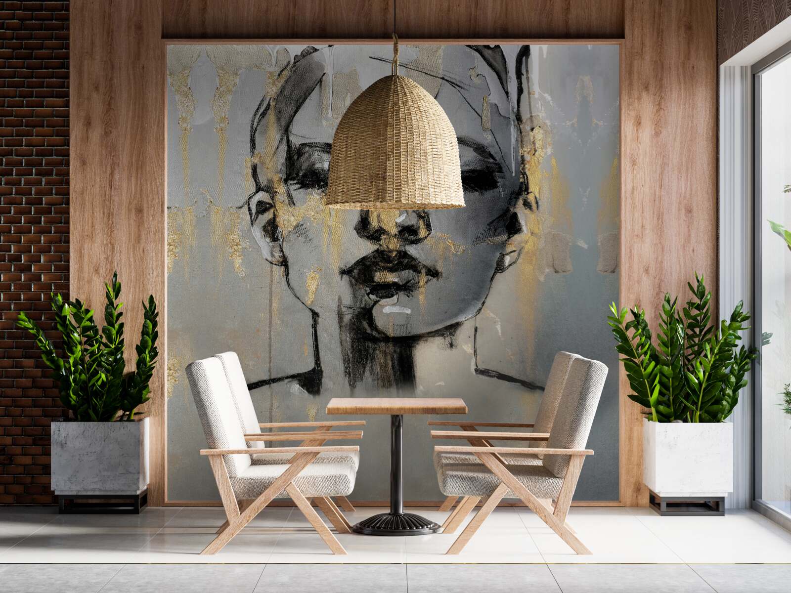 Papier peint une fille dessine une abstraction avec de la peinture noire