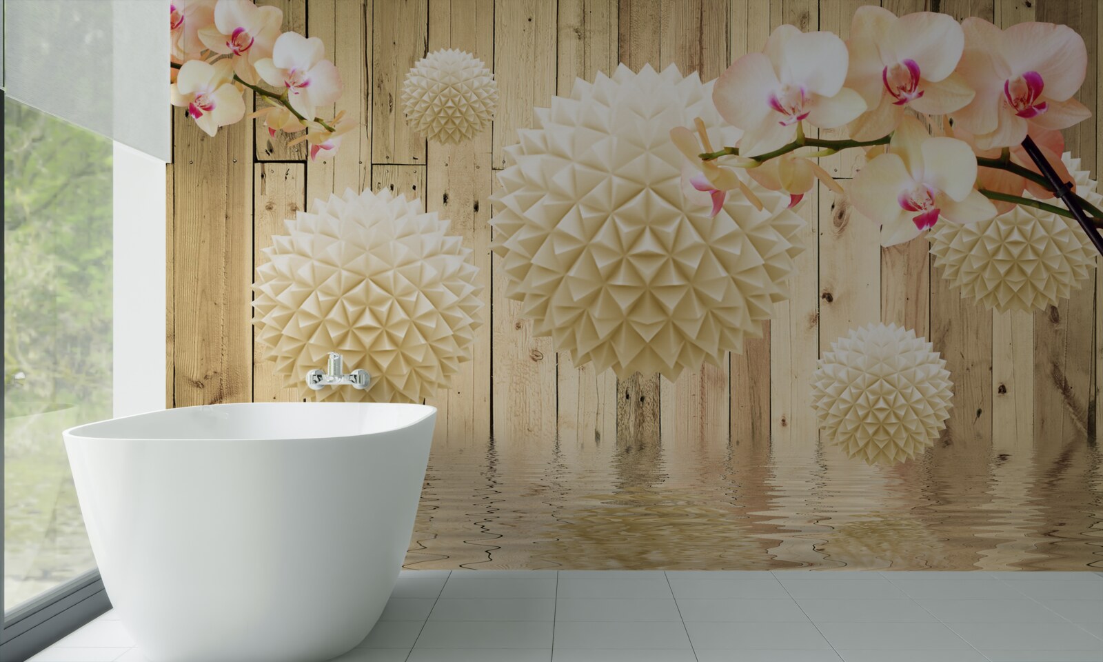 Papier peint formes circulaires flottantes avec des branches d'orchidées
