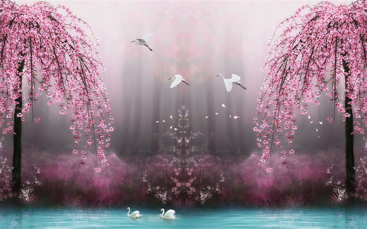 Papier peint Le soir, près de l'eau bleutée, les branches de sakura alignées en rangs serrés rendent le paysage pittoresque