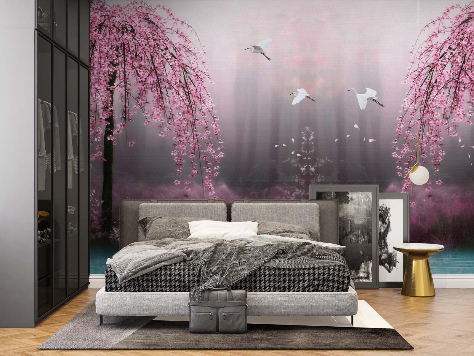 Papier peint Le soir, près de l'eau bleutée, les branches de sakura alignées en rangs serrés rendent le paysage pittoresque