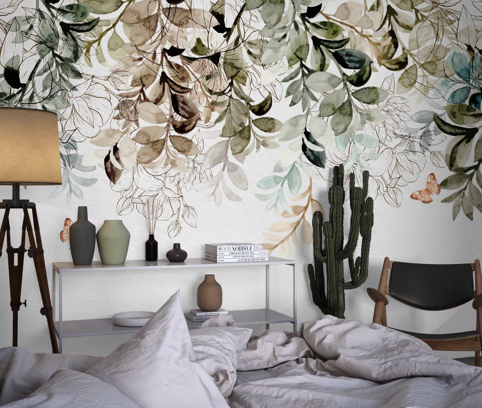 Papier peint verdure luxuriante avec papillons volants