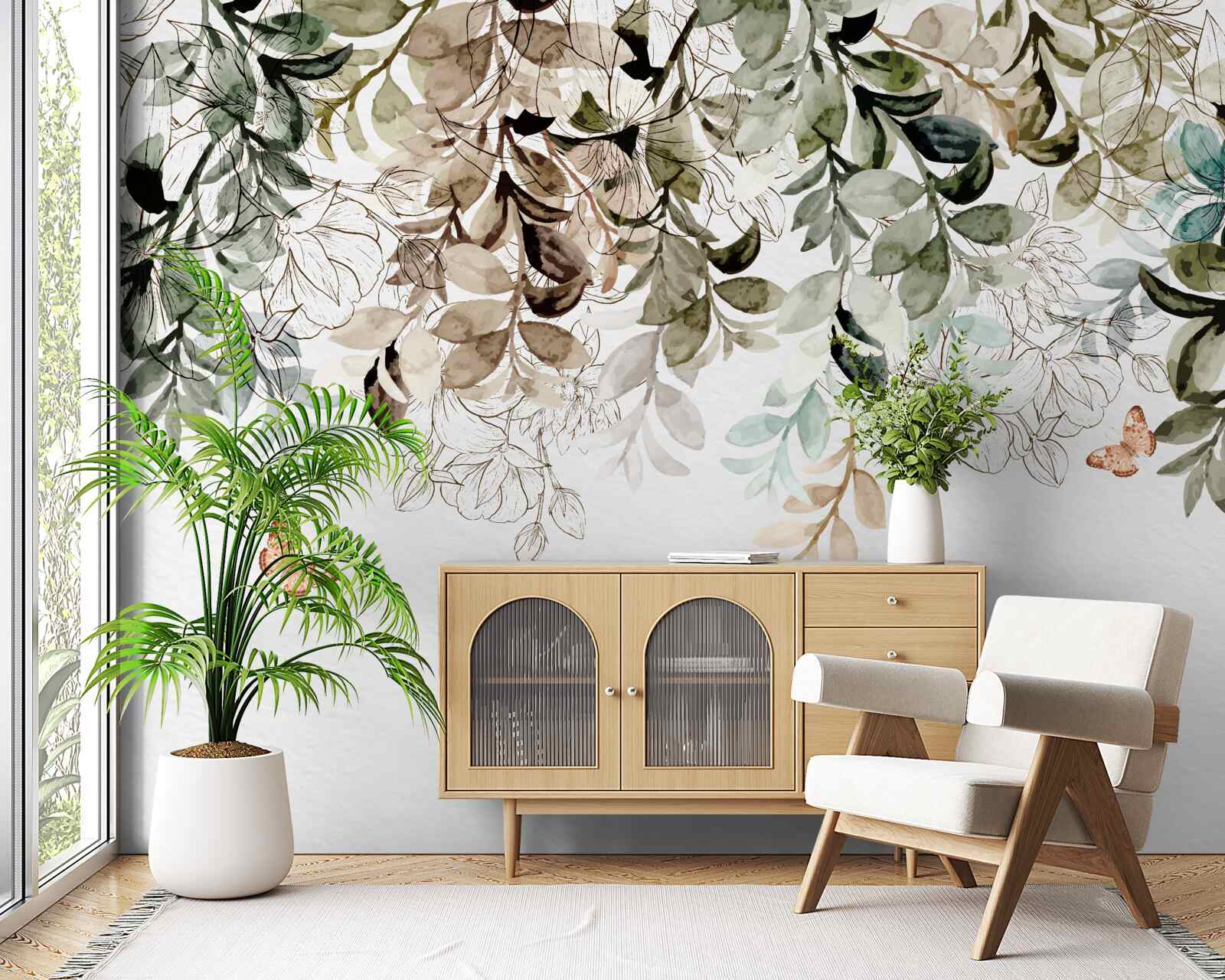 Papier peint verdure luxuriante avec papillons volants