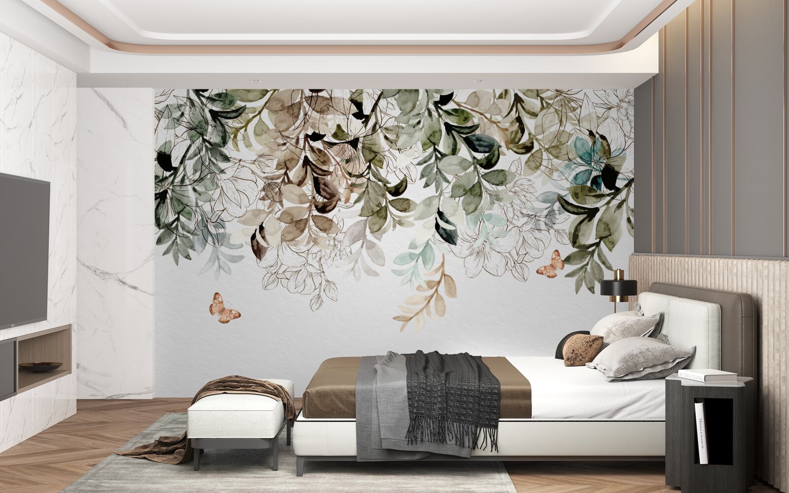 Papier peint verdure luxuriante avec papillons volants