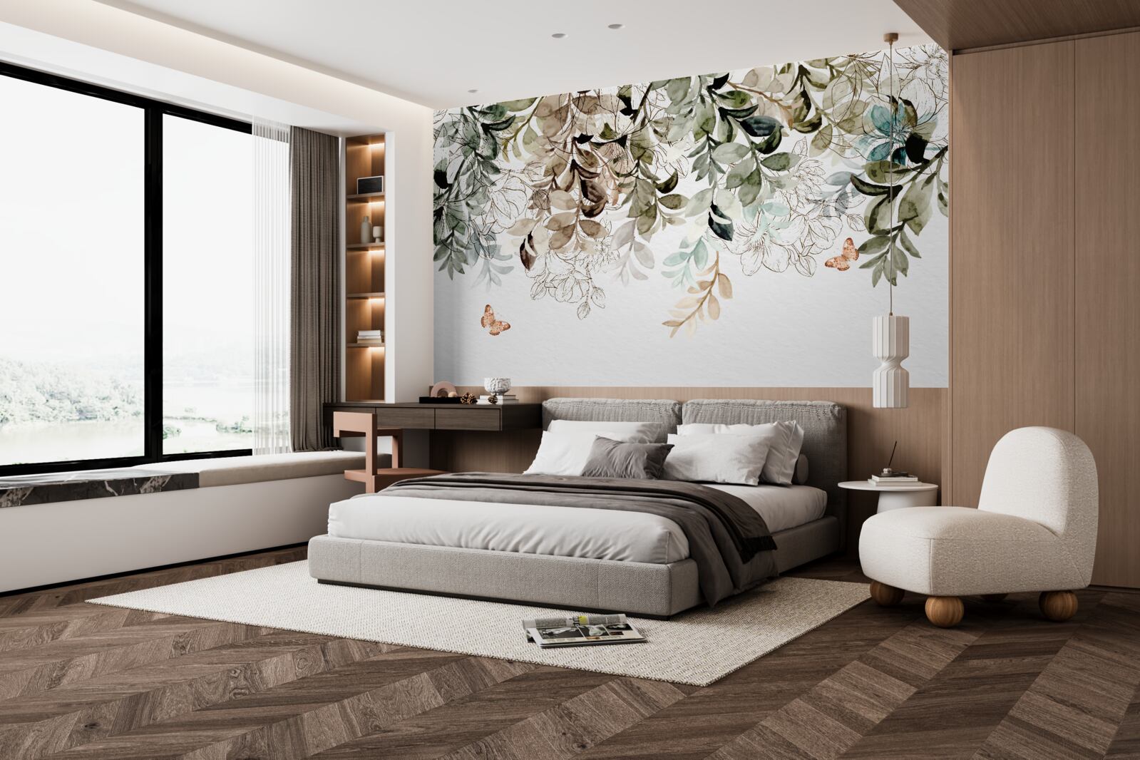 Papier peint verdure luxuriante avec papillons volants