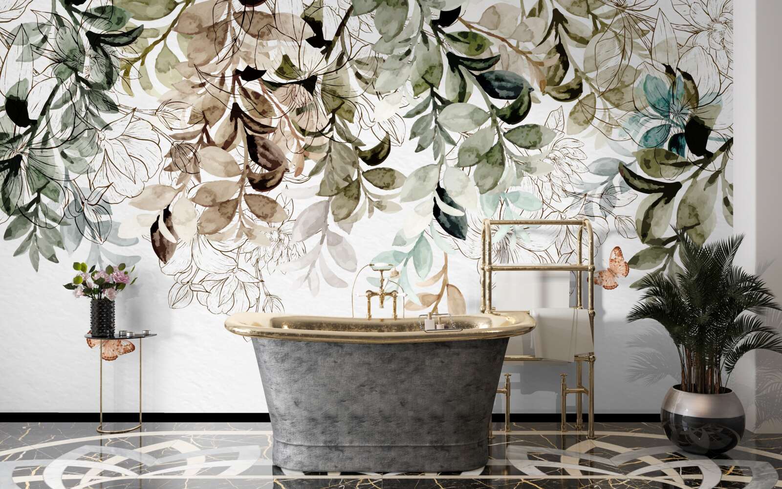 Papier peint verdure luxuriante avec papillons volants