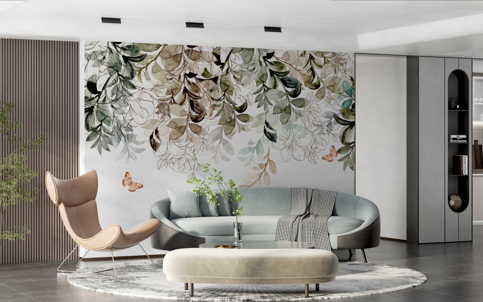 Papier peint verdure luxuriante avec papillons volants