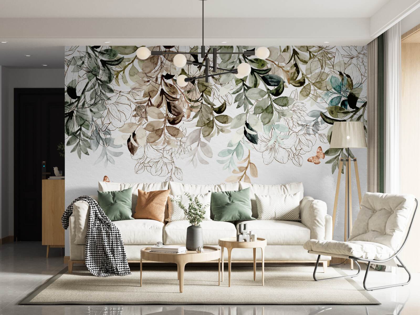Papier peint verdure luxuriante avec papillons volants
