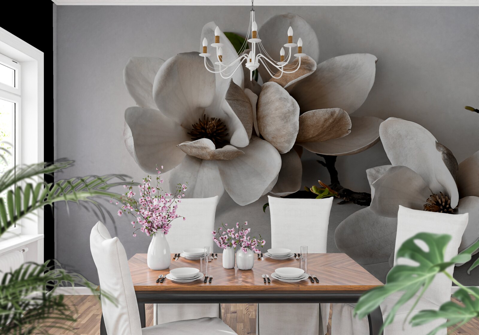 Papier peint branches avec fleurs blanches sur fond gris