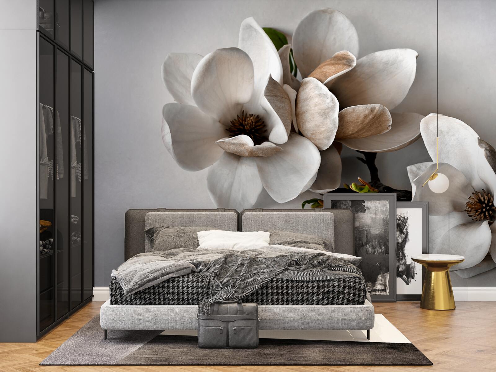 Papier peint branches avec fleurs blanches sur fond gris