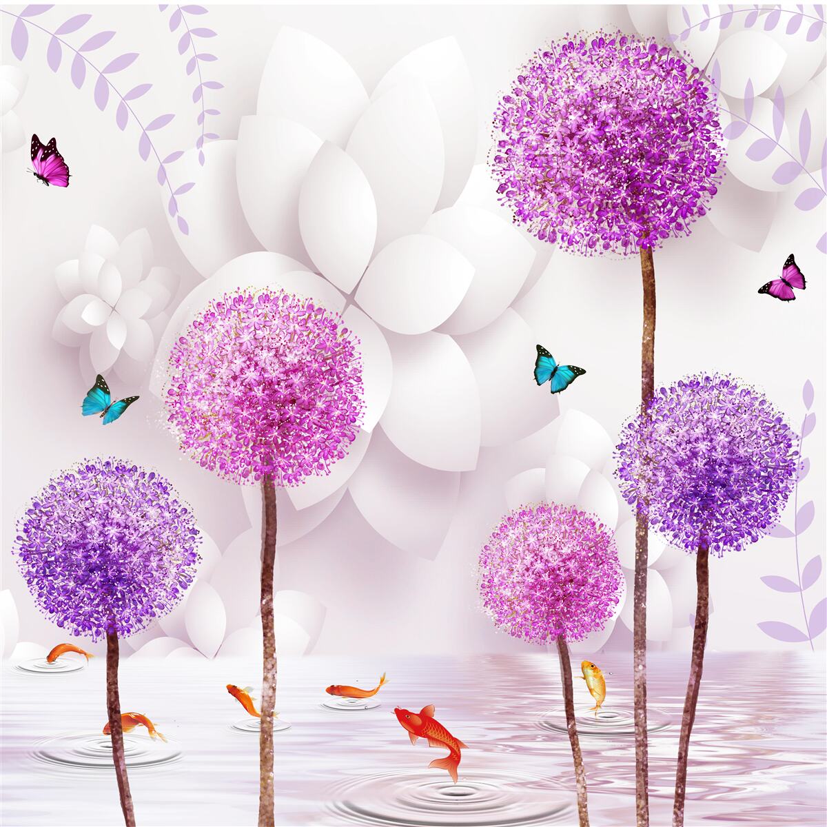 Papier peint des mille-pattes violets sont près de l'eau avec des papillons