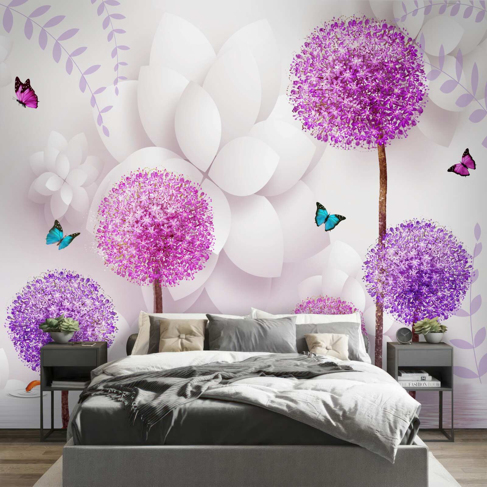 Papier peint des mille-pattes violets sont près de l'eau avec des papillons