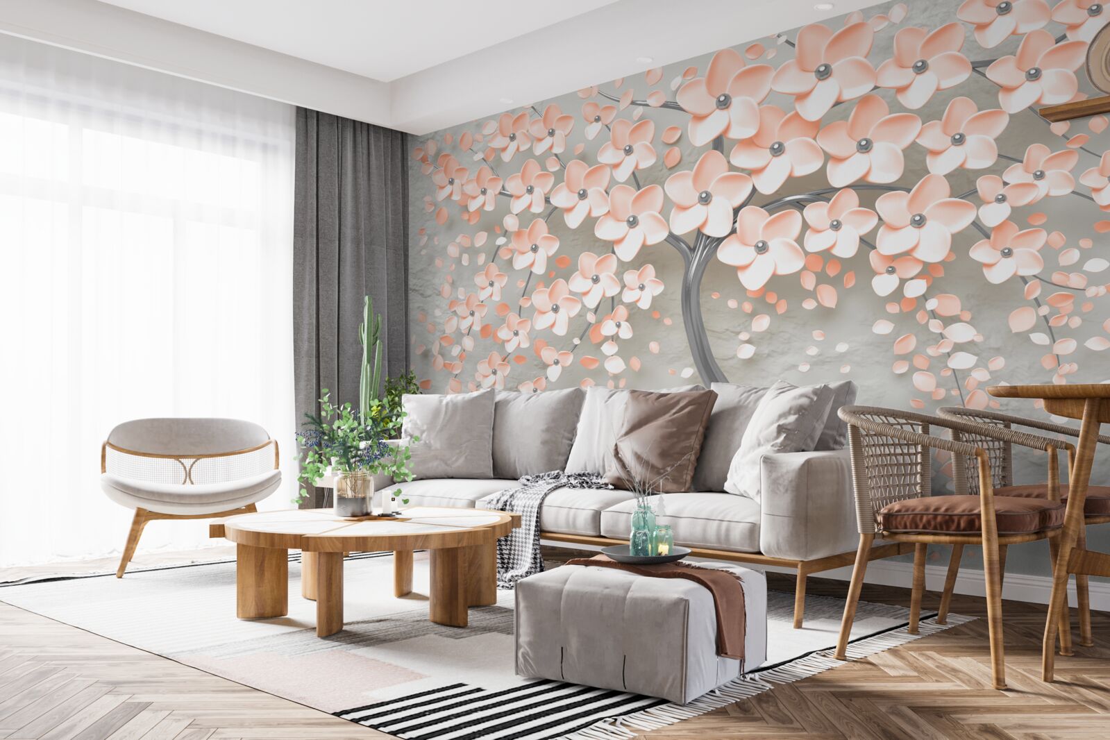 Papier peint arbre aux feuilles fleuries de couleur crème clair