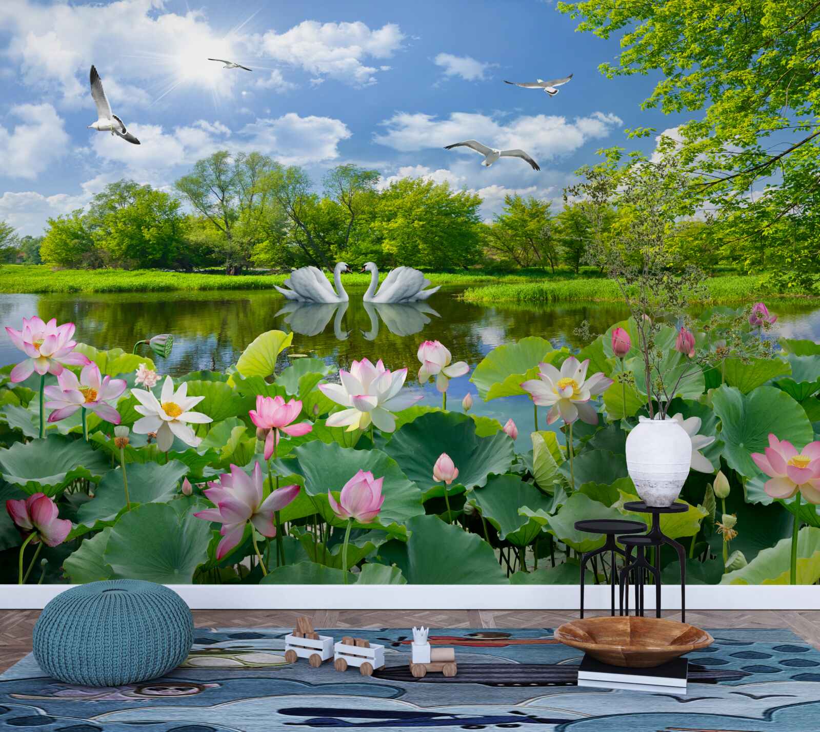 Papier peint forêt près de l'eau et fleurs d'été