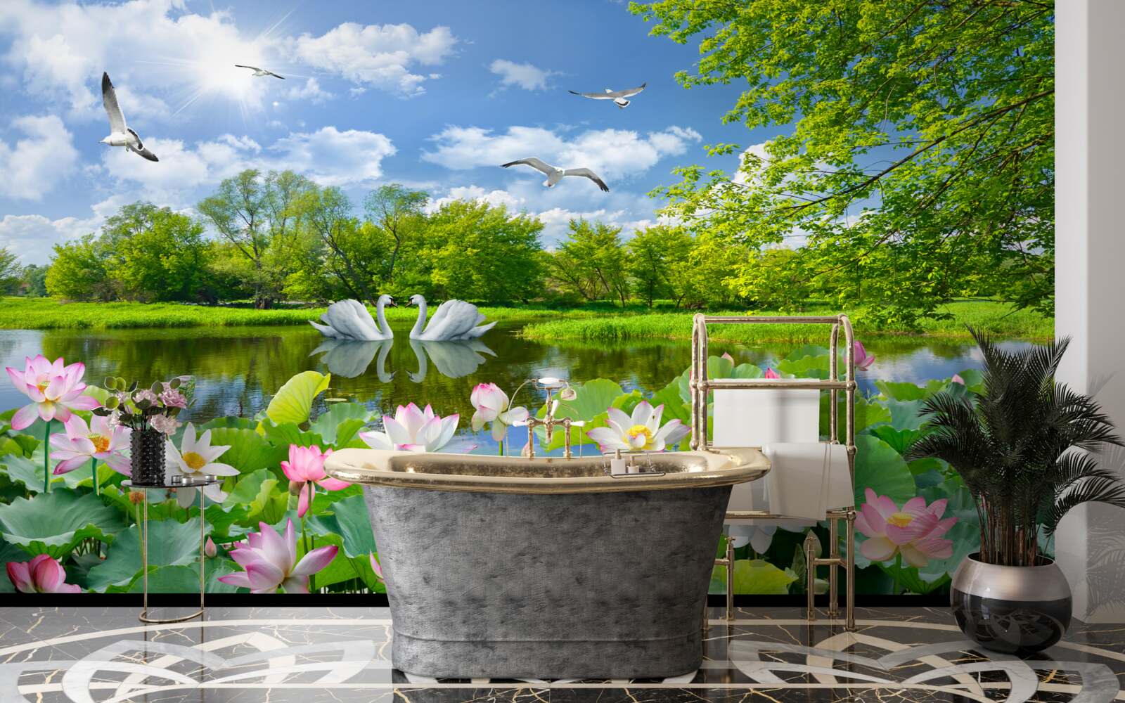 Papier peint forêt près de l'eau et fleurs d'été