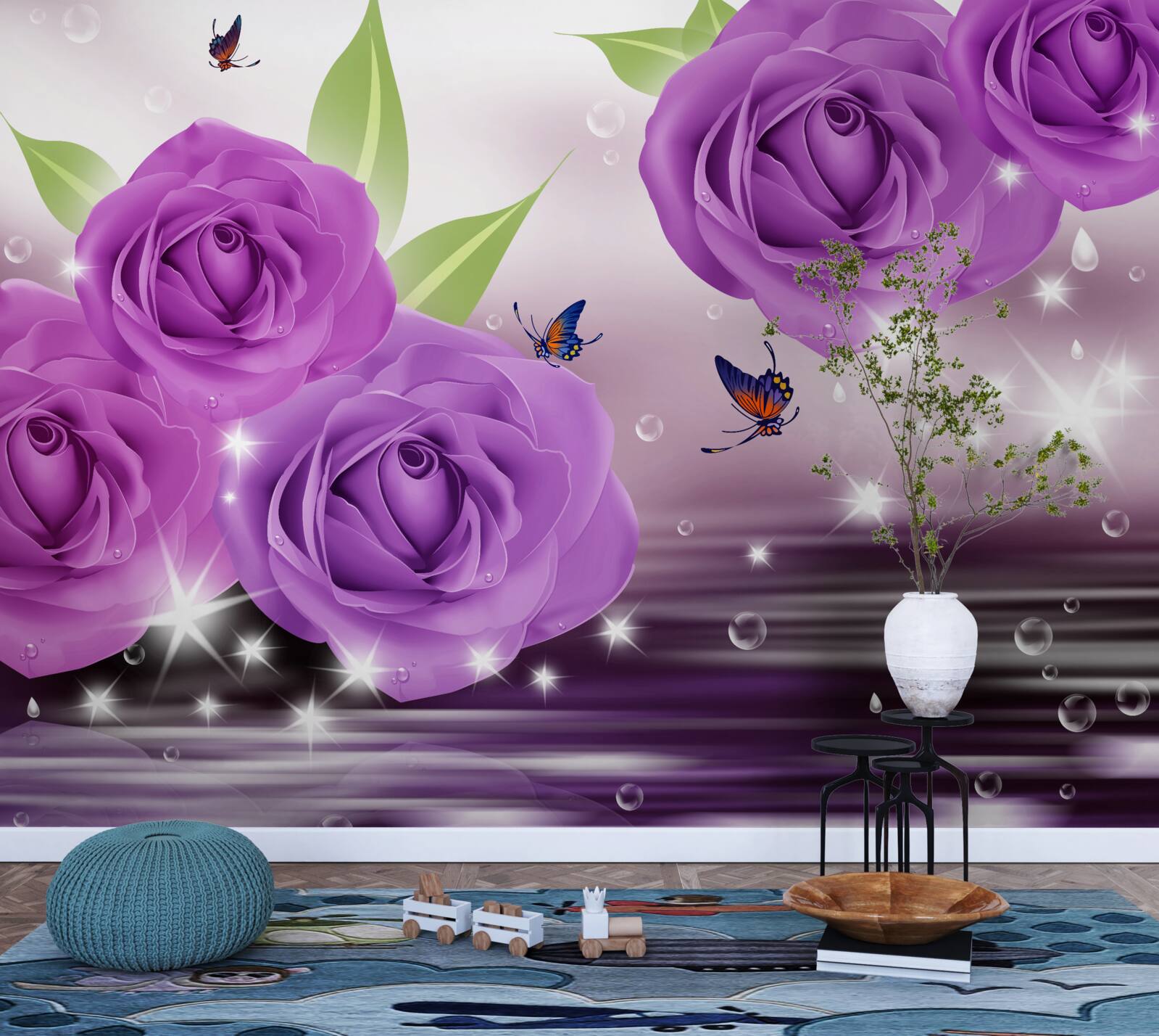 Papier peint rose pourpre à la surface de l'eau avec les oiseaux