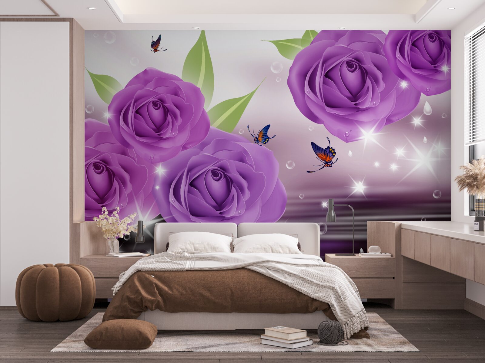Papier peint rose pourpre à la surface de l'eau avec les oiseaux