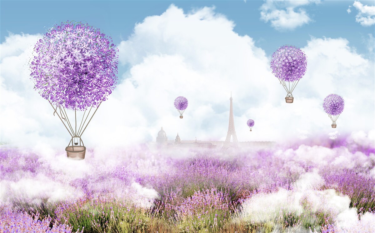 Papier peint des montgolfières survolent un champ de lavande