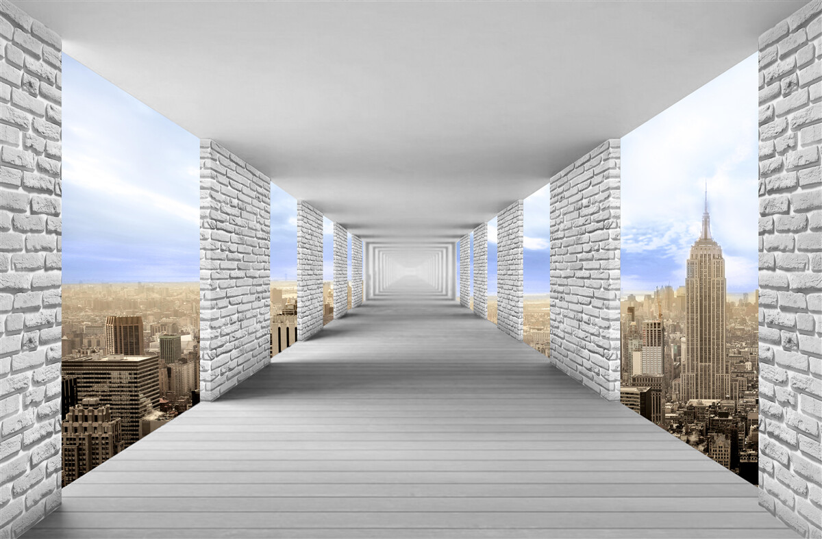 Papier peint couloir avec vue sur la ville dans un style abstrait