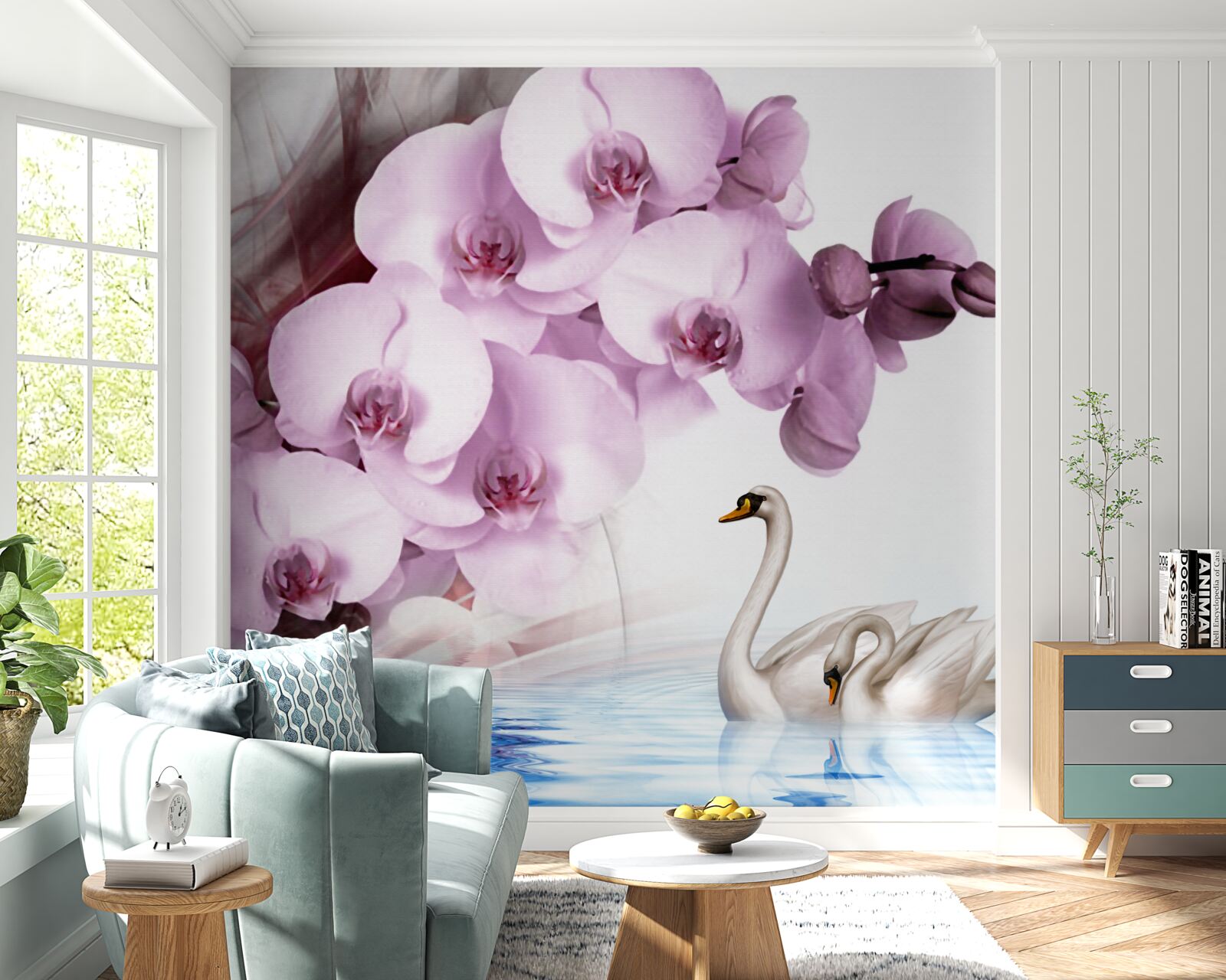 Papier peint des cygnes à la surface de l'eau et une délicate fleur d'orchidée lilas