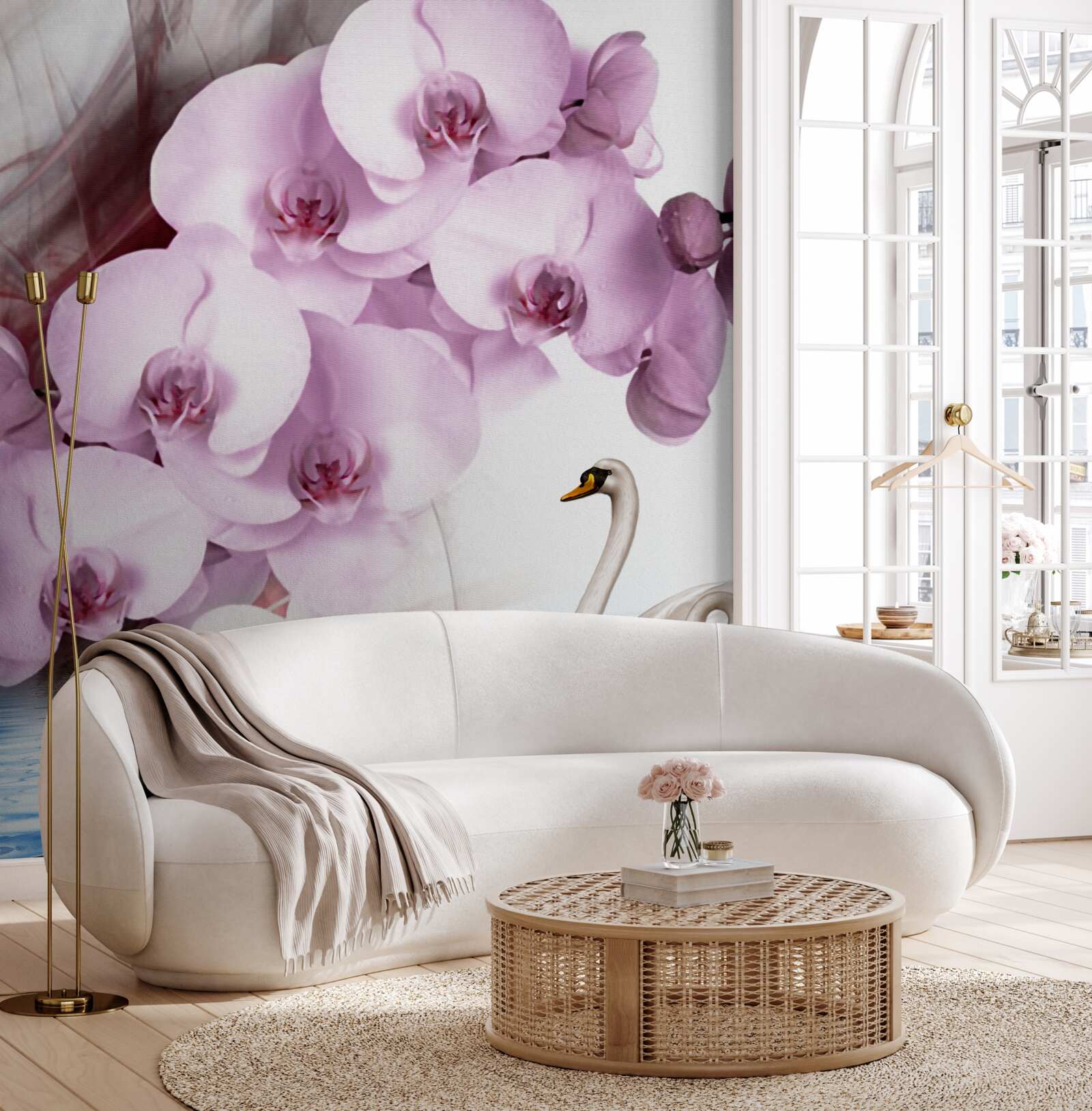 Papier peint des cygnes à la surface de l'eau et une délicate fleur d'orchidée lilas
