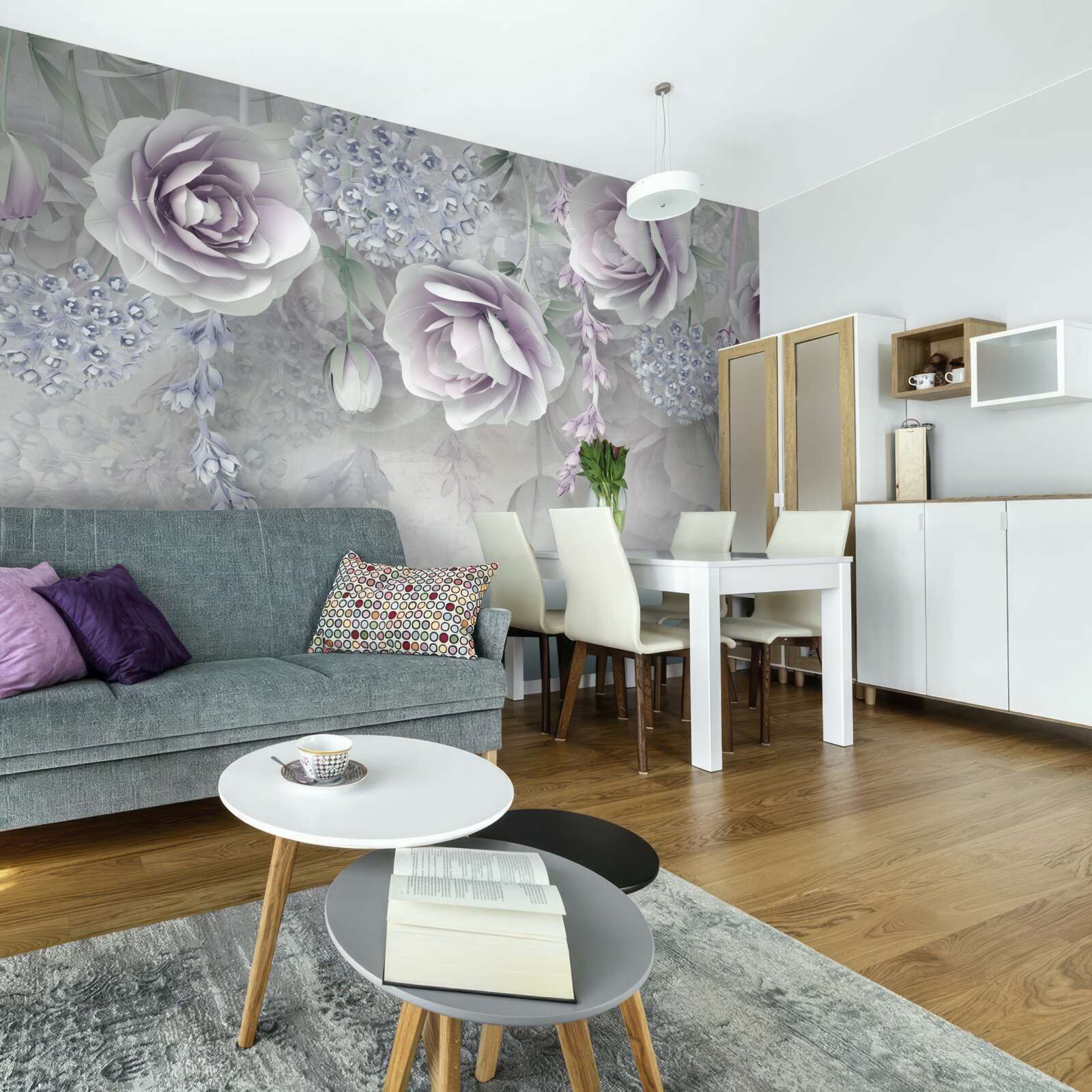 Papier peint roses lumineuses sur fond gris