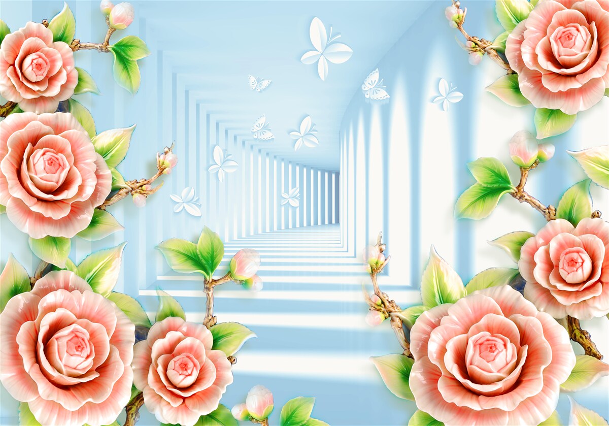 Papier peint tunnel bleu rempli de roses roses