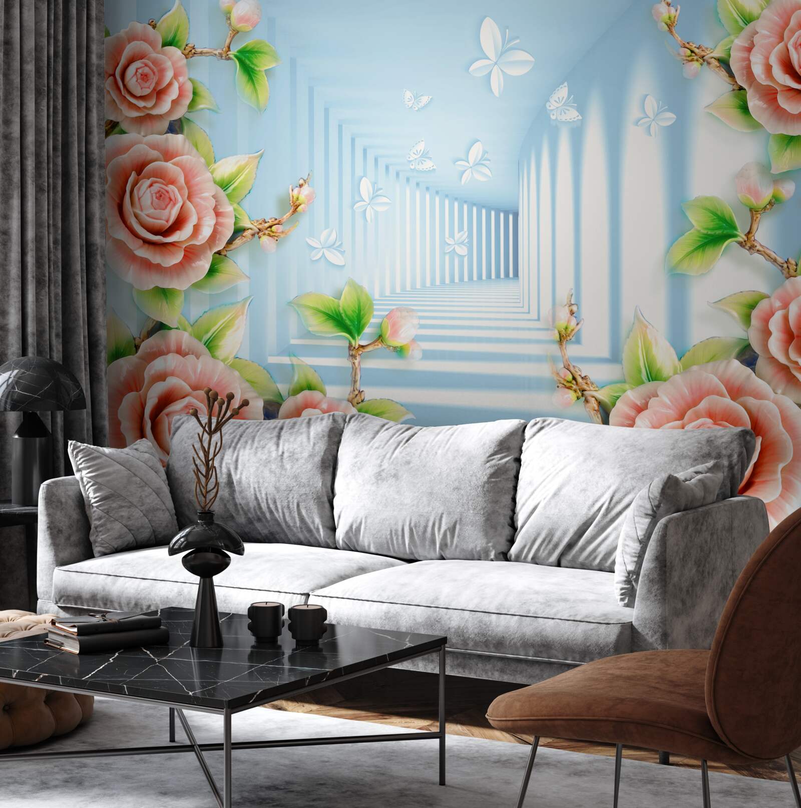 Papier peint tunnel bleu rempli de roses roses