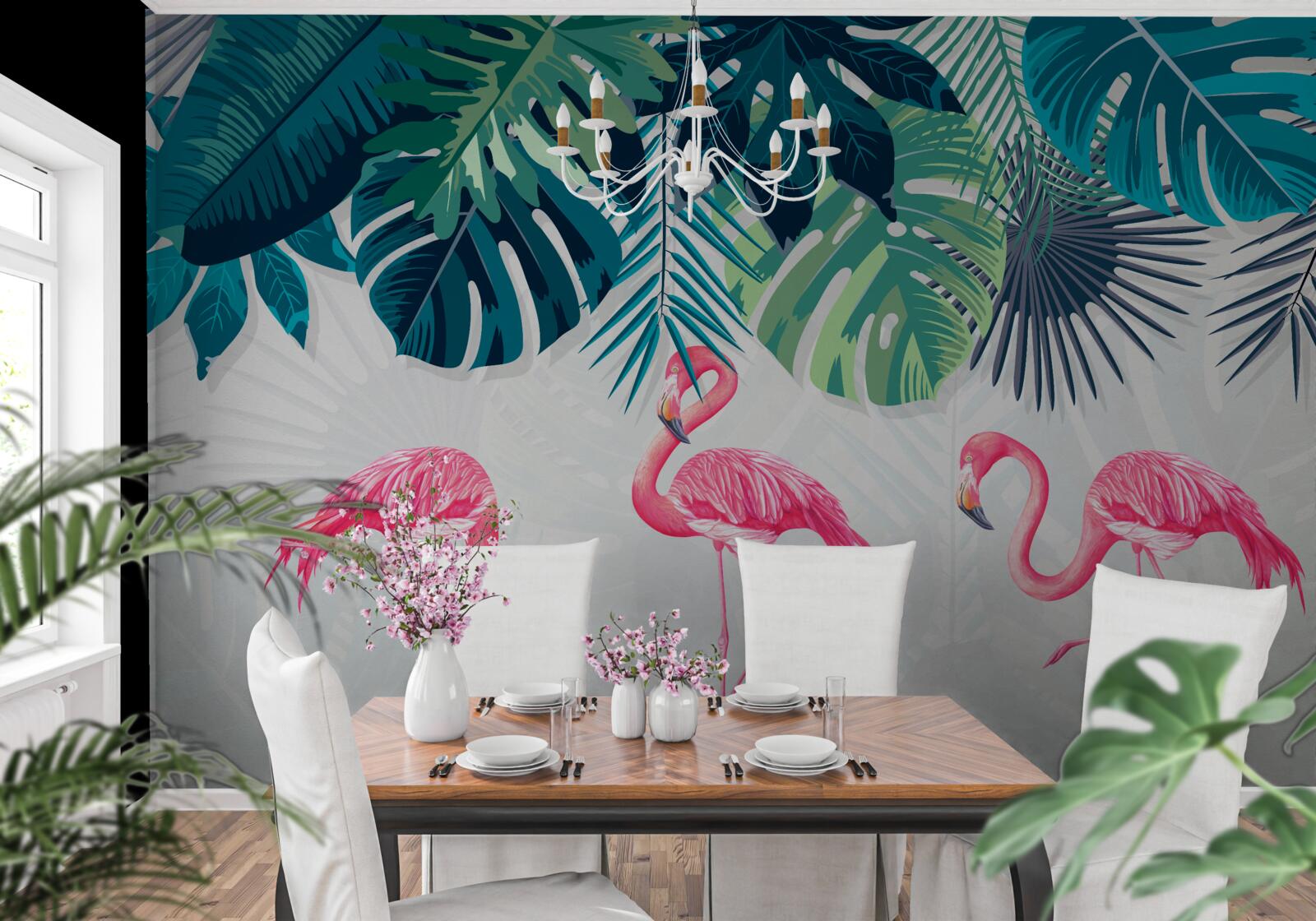 Papier peint forêts tropicales avec flamants roses