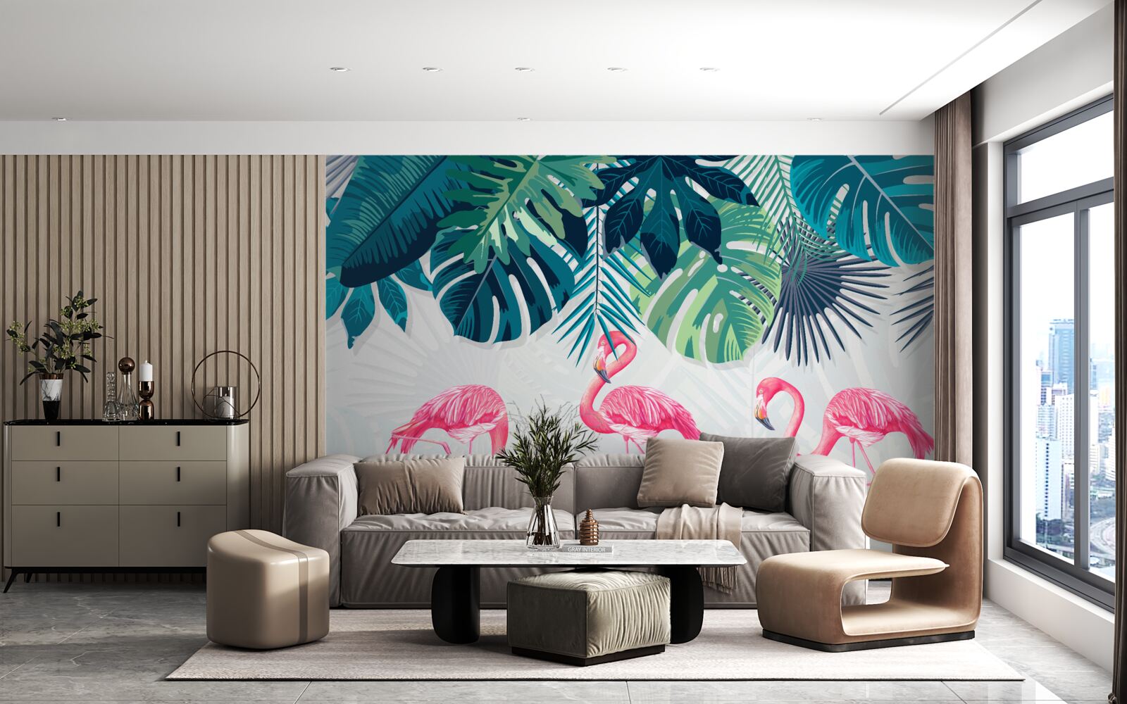 Papier peint forêts tropicales avec flamants roses