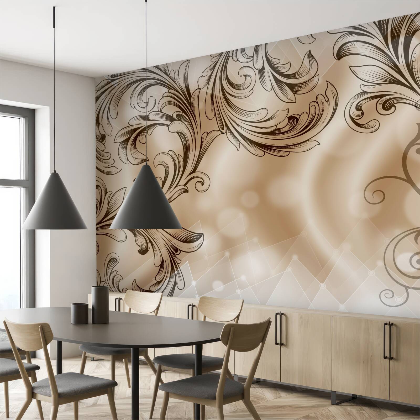 Papier peint plantes avec motif ajouré sur fond brun