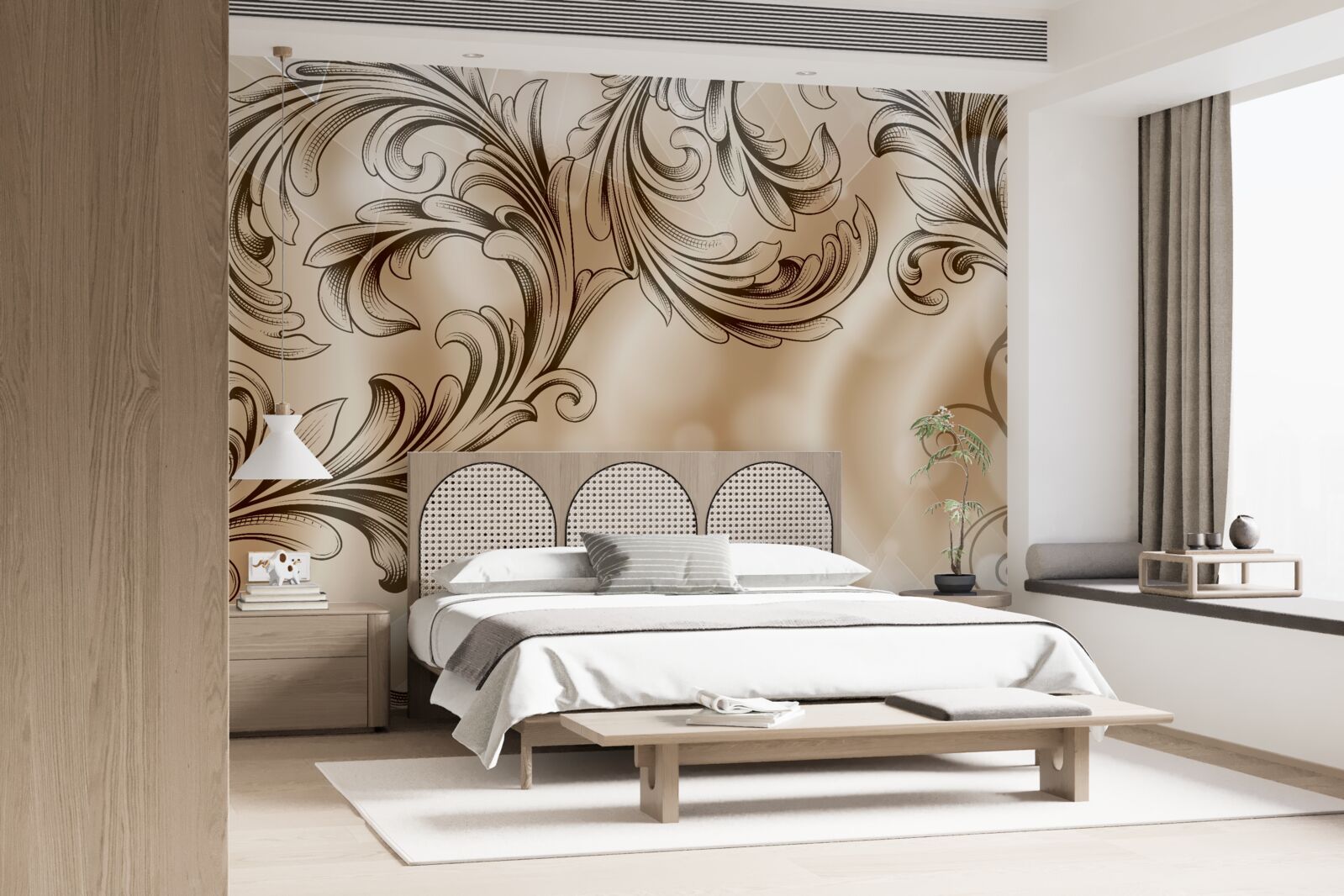 Papier peint plantes avec motif ajouré sur fond brun