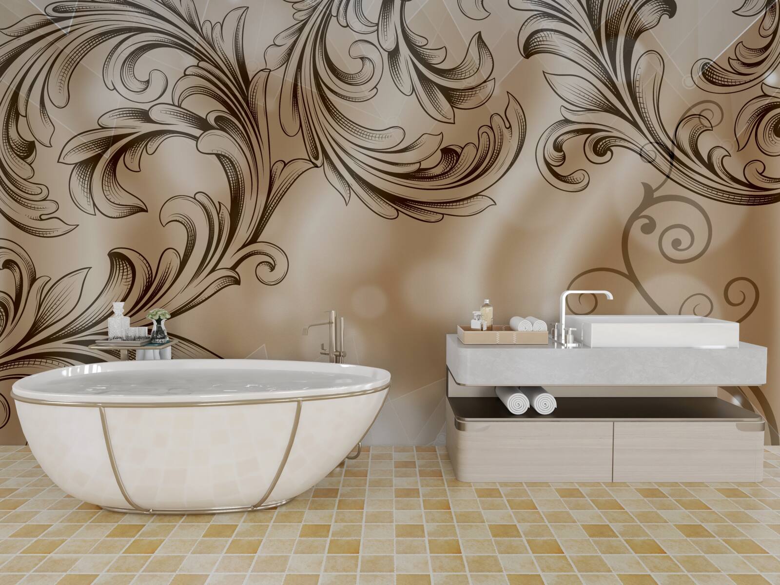 Papier peint plantes avec motif ajouré sur fond brun