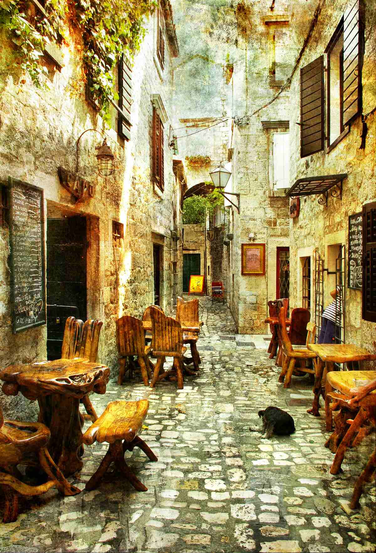 Papier peint café à l'atmosphère chaleureuse dans un quartier historique de la ville