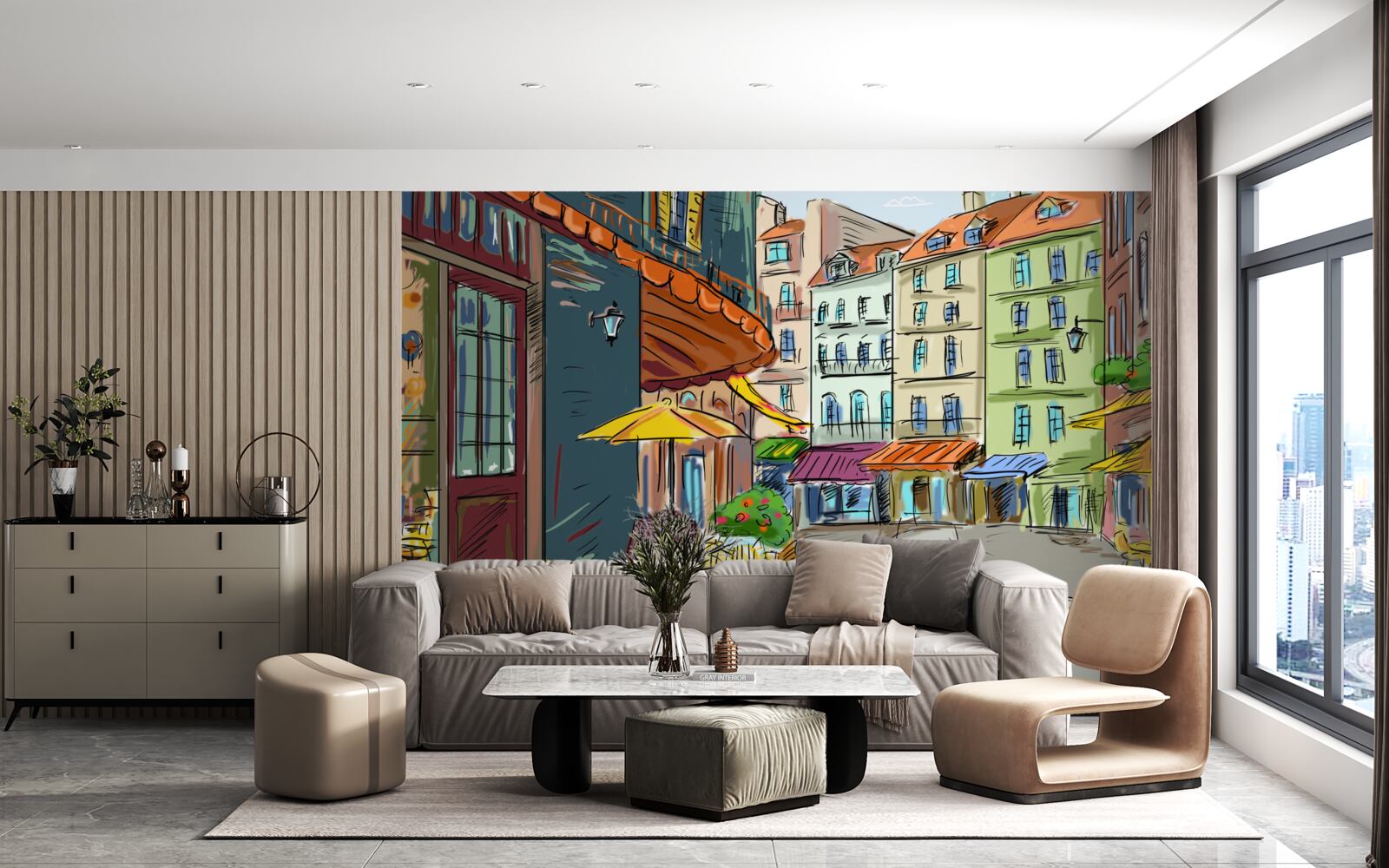 Papier peint rue calme et accueillante, pleine de couleurs