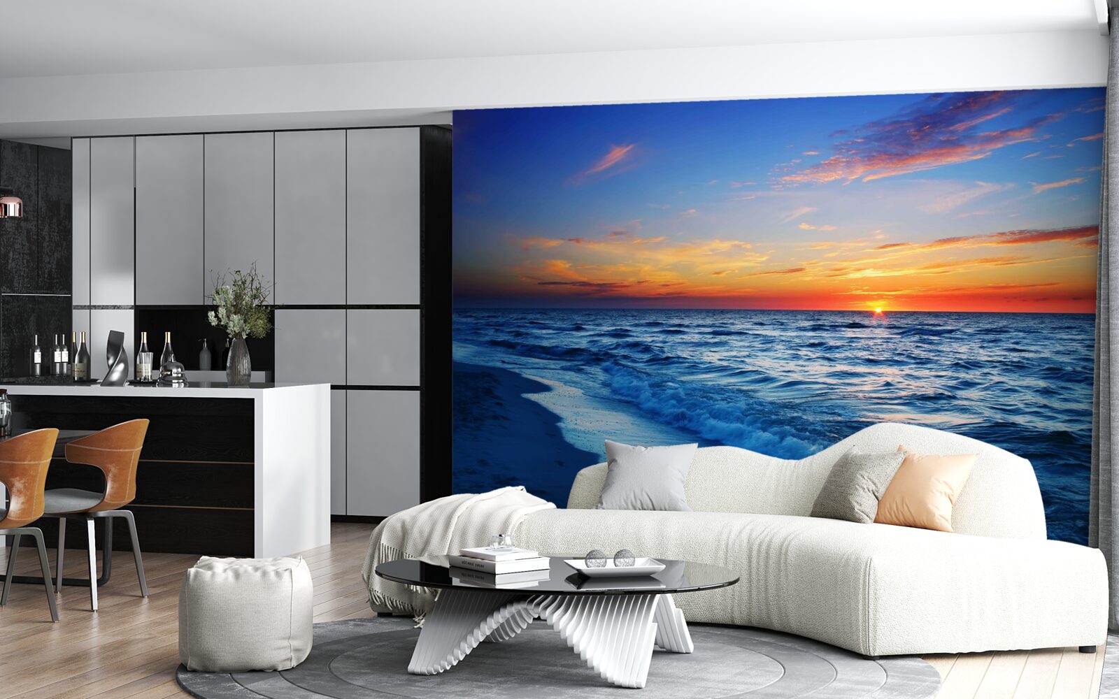 Papier peint le soleil couchant et les vagues écumantes